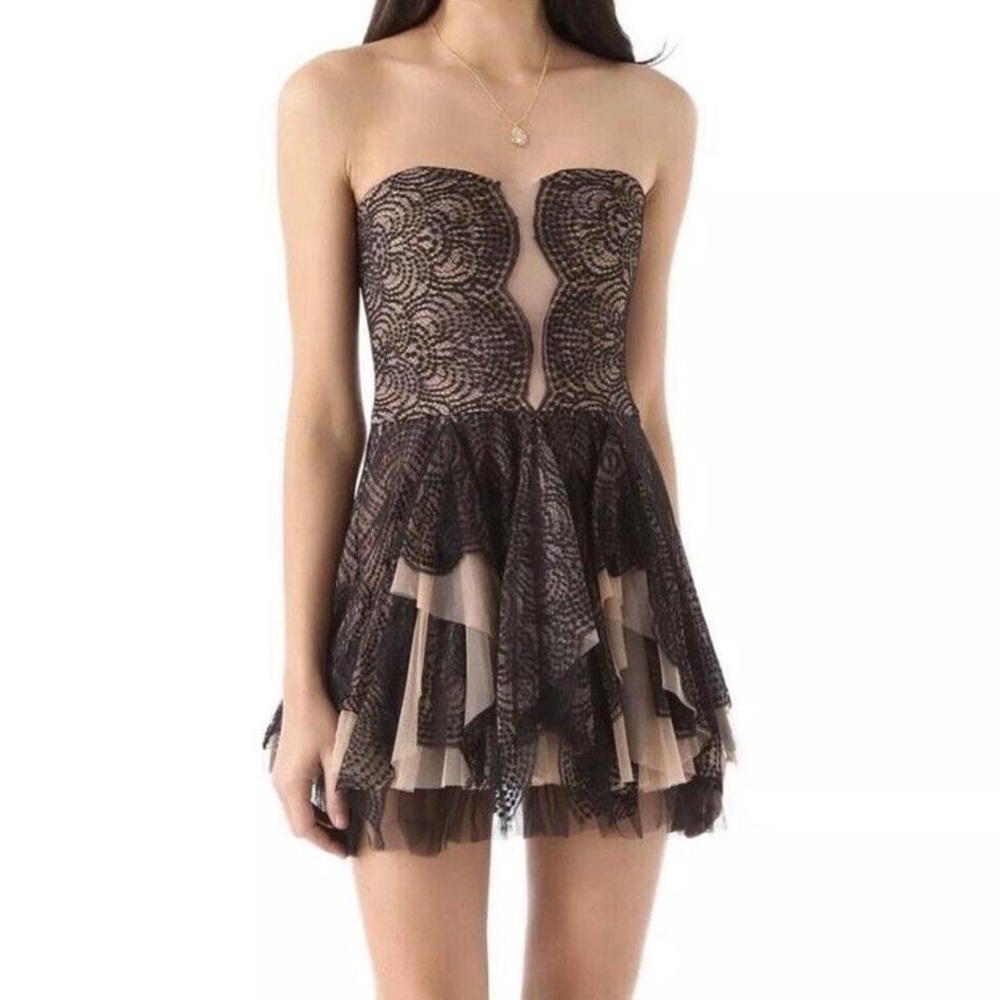 BCBGMaxAzria Norelle Lace Tulle Ruffle Strapless Black and Nude Mini Dress